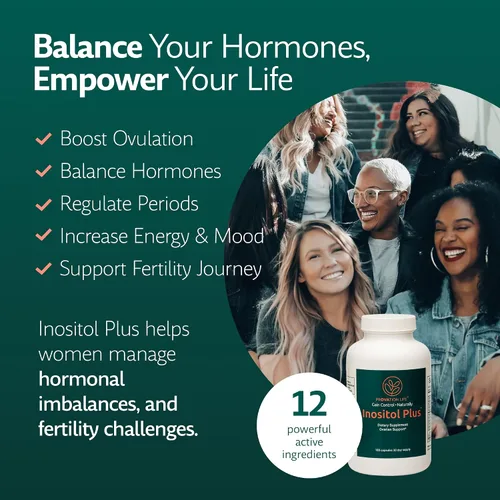 Vista 2 de Suplemento Inositol Plus para mujeres Salud ovárica, equilibrio hormonal, fertilidad, ovulación Mio-inositol D-Chiro 40:1 y 12 ingredientes