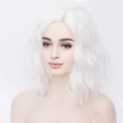 Vista 3 de BERON Peluca ondulada corta de 14 pulgadas para mujeres y niñas, pelucas onduladas para fiestas, uso diario, Cosplay y Halloween (color blanco)