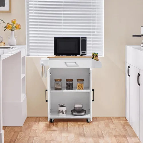 Vista 4 de Yaheetech - Carrito de isla de cocina de 32 pulgadas de ancho con almacenamiento, estante ajustable, color blanco Small Kitchen Island on Wheels