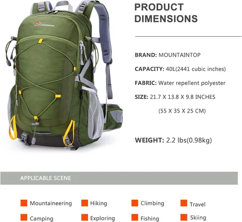 Vista 2 de Mochila de senderismo MOUNTAINTOP de 40 L, mochila ligera para exteriores Verde militar