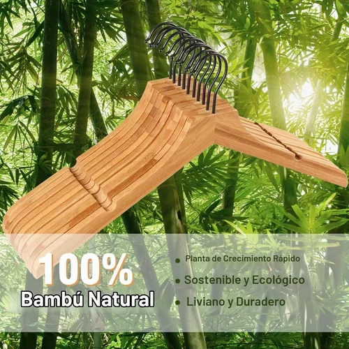 Vista 5 de TOPIA HANGER Perchas de madera de bambú, perchas con gancho negro giratorio y nothces de corte liso, juego de 12 perchas de madera duraderas