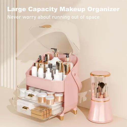 Vista 2 de Organizador de maquillaje para encimera con tapa y cajones, caja grande de exhibición de cosméticos para cuidado de la piel, soporte para escritorio