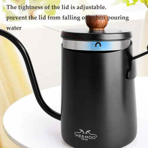 Vista 4 de MERMOO YILAN Hervidor de café para verter sobre cafetera, 20.3 fl oz, tetera de cuello de cisne, hervidor de acero inoxidable con mango Negro