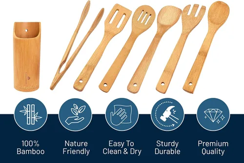 Vista 2 de Juego de utensilios de cocina de madera, 7 piezas de herramientas de cocina 6 Utensilios y soporte