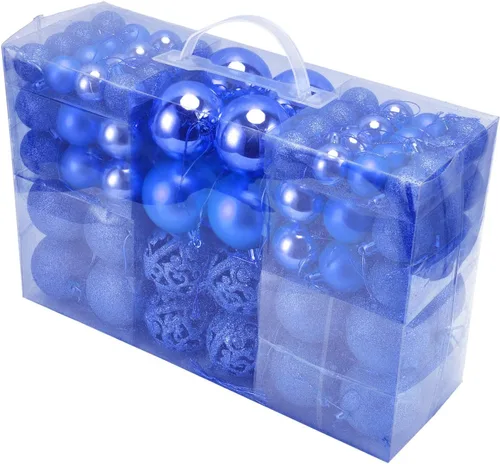 Vista 3 de Juego de 100 adornos de bolas de Navidad, decoraciones colgantes de temporada, bolas de Navidad de plástico inastillables, juego a granel para Azul