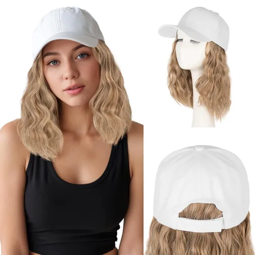 Vista 20 de S-noilite Peluca de gorra de béisbol de 6 pulgadas con peinado Bob y extensiones de cabello, gorra de béisbol recta ajustable para mujer