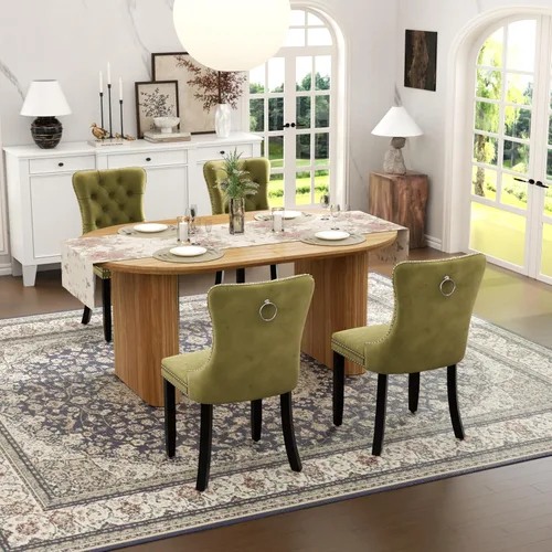 Vista 24 de Juego de mesa de comedor ovalada extensible con 4 sillas tapizadas de terciopelo de alta gama, mesa de cocina de 59 a 91 pulgadas y sillas
