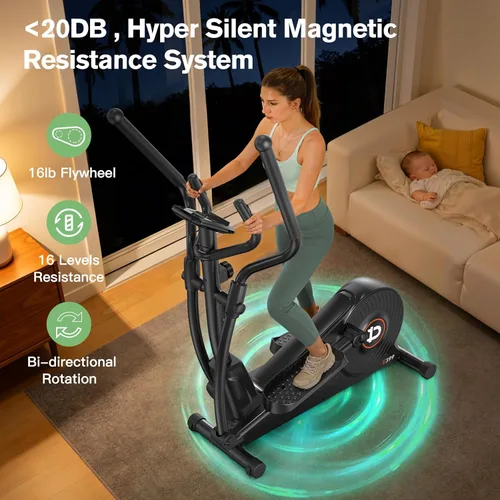 Vista 3 de pooboo Máquina elíptica, máquina elíptica de ejercicio con resistencia de 16 niveles y sistema de conducción magnética silencioso, máquina elíptica