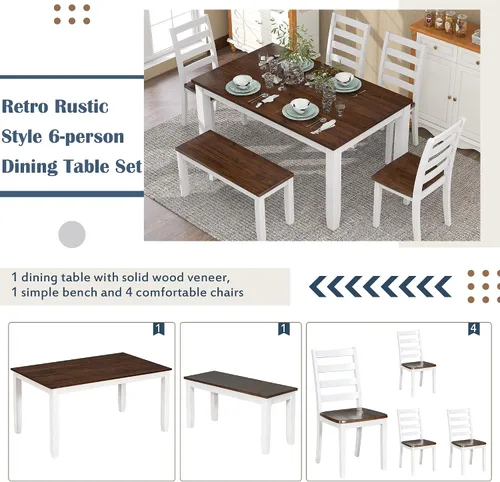 Vista 100 de Juego de mesa de comedor vintage de 6 piezas, juego de mesa de comedor de cocina de madera maciza con 4 sillas ergonómicas acolchadas y banco, mesa