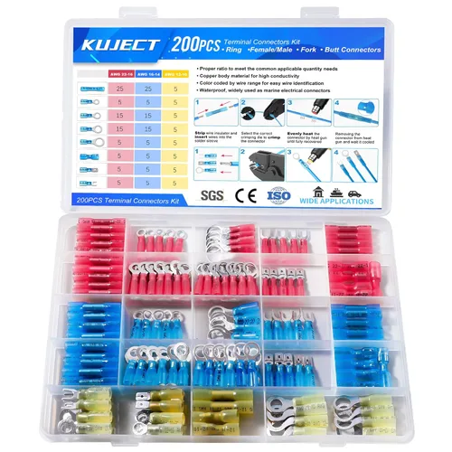 Vista 10 de Kuject 90 piezas conectores de alambre termorretráctiles, kit de terminales de cable eléctrico impermeables multiusos, conectores de crimpado
