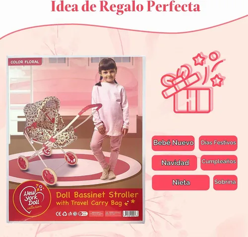 Vista 7 de Juego de Cochecito de Muñeca, Cochecito de Muñeca 3 en 1 con Moisés Extraíble, Carrito para Muñecas, Cochecito de Muñeca de Juguete para Niños Floral