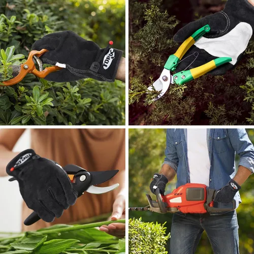 Vista 6 de TOPDC Guantes de trabajo de cuero para hombres o mujeres, guantes de cuero de piel de vaca para jardinería, soldadura TIG/MIG, motosierra, granja