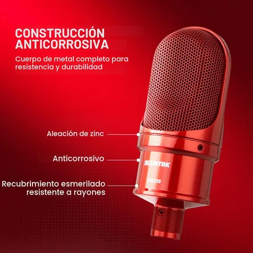 Vista 5 de SUUNTOK Micrófono de condensador XLR, micrófono de grabación con soporte de choque, kit de micrófono de estudio en casa para voz en off Rojo