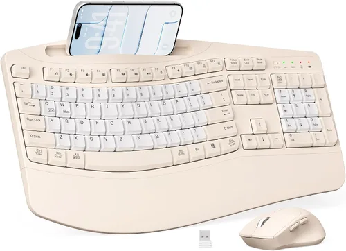 Vista 14 de Combo de teclado y mouse inalámbricos, teclas onduladas de tamaño completo 2.4G, teclado ergonómico con reposamuñecas, soporte para teléfono, mouse