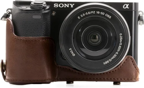 Vista 5 de MegaGear "Ever Ready" - Funda de piel para cámara, fácil de instalar, trípode y accesorio periférico, compatible con Sony Alpha A6000, A6300