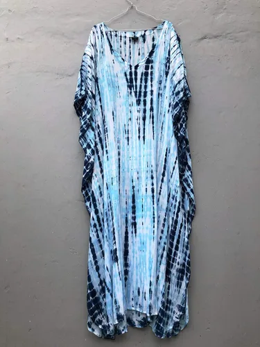 Vista 7 de RanRui - Vestido tipo caftán para mujer, de talla extragrande, con estampado de rayas, teñido anudado, cuello en V, holgado y suave