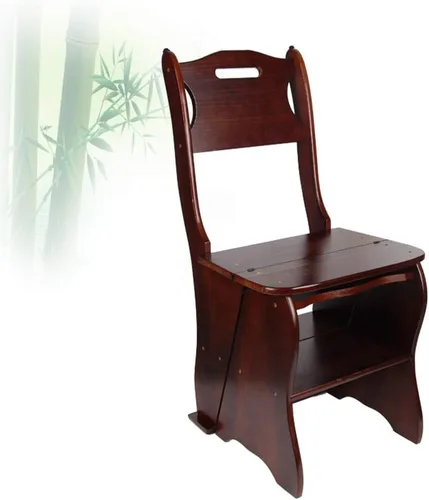 Vista 5 de Silla plegable de madera para biblioteca, taburete multifuncional 2 en 1, ligero, portátil, multifuncional, taburete de 4 escalones de doble Nogal