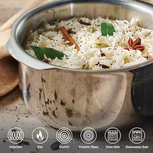 Vista 2 de Tramontina Utsava Tope de Acero Inoxidable Tri-Capa de 1.75 Cuartos con Tapa, Olla Patila Pequeña para Cocina India