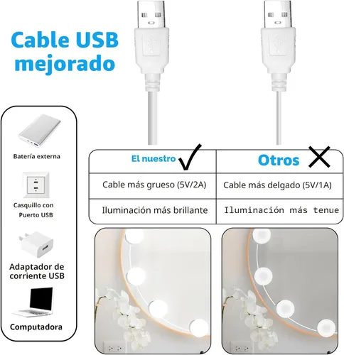 Vista 3 de Luces LED para espejo de tocador con 12 focos adhesivos regulables, 3000K 4500K 6500K y 10 niveles de brillo ajustables, enchufe con cable USB