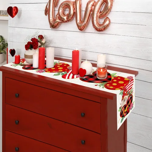 Vista 6 de Camino de mesa para el día de San Valentín de 36 pulgadas con corazón rojo y temática de San Valentín, gnomo para cocina, mesa de comedor