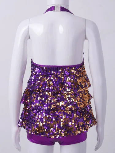 Vista 4 de Agoky Vestido de baile de ballet brillante para niños y niñas, trajes de baile latino modernos, trajes de baile para escenario, ropa deportiva