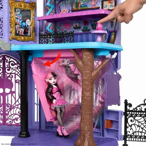 Vista 2 de Monster High Boo-tique Hotel Casa de Muñecas, juego plegable con sorpresas espeluznantes en cada habitación y más de 13 piezas, incluyendo muebles