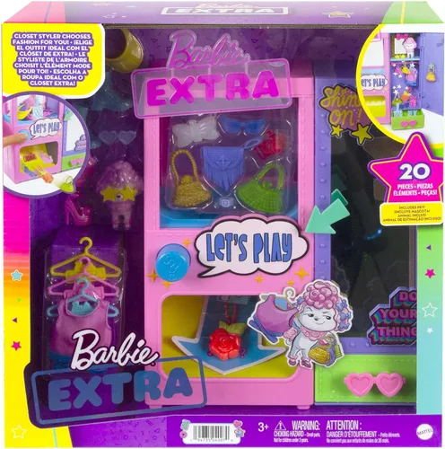 Vista 8 de Barbie Juego de moda extra sorpresa con 20 piezas, incluyendo caniche para mascotas, armario y función de botón que dispensa accesorios de moda