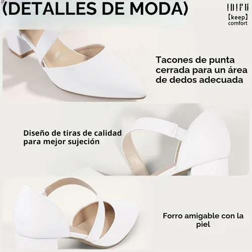 Vista 4 de IDIFU IN2 Women's Pumps Closed Pointed Toe Low Block Chunky Comfort Heels Blanco (White PU)