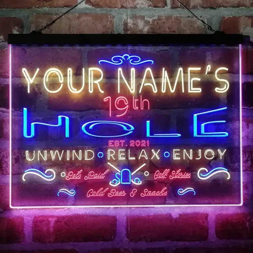 Vista 9 de Personalized 19th Hole Golf Club Tri-Color LED Neon Light Sign Customize Name Date Text Quote Font Green & Red & Yellow 13 x 8.7 Inches
