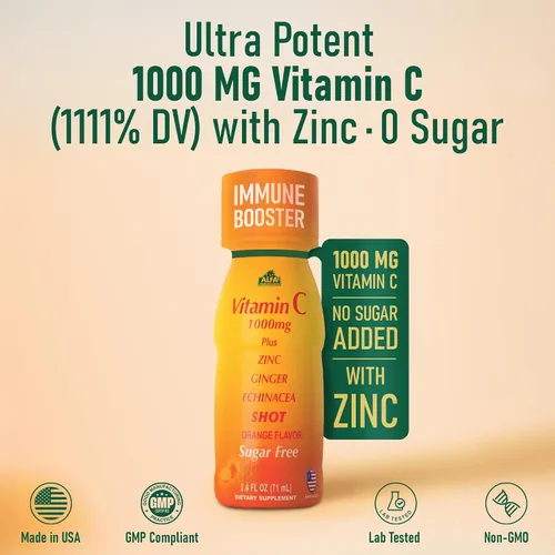 Vista 4 de ALFA VITAMINS Disparo de vitamina C de 1000 mg con zinc, jengibre y equinácea - Apoya la salud inmunológica y el bienestar diario - Sabor naranja