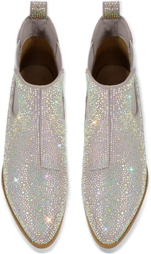 Vista 3 de VERISSON Point Toe Western Botas Chelsea Silver Glitter Rhinestone Block Tacón Vaquero Botín 6CM