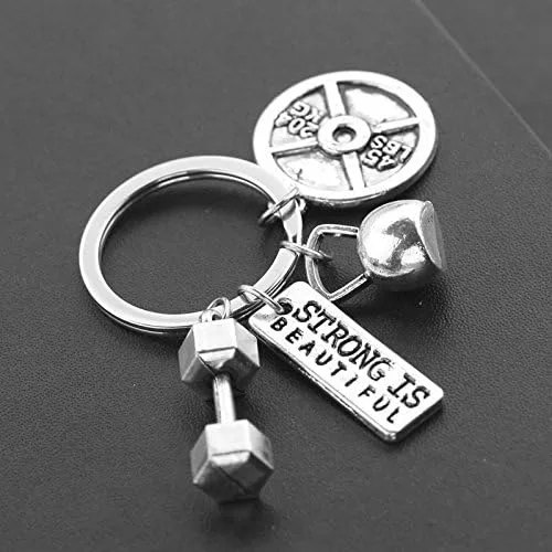 Vista 2 de Llavero de gimnasio de fitness con citas, placa de pesas y pesas rusas para ejercicio fuerte es hermoso, llavero colgante de regalo para papá
