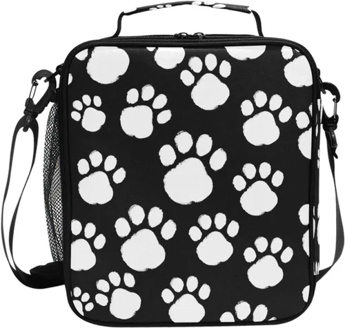 Vista 55 de Lonchera con patrón de cuadros blancos y negros, bolsa de almuerzo aislada, bolsa de preparación para niños, correa de hombro congelable a001