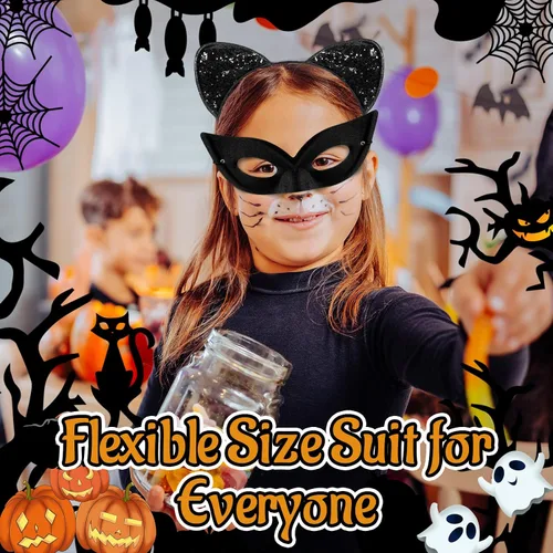 Vista 6 de Crowye 20 piezas de máscara de Halloween negro y gato con brillantina, disfraz de gato cosplay, accesorio de disfraz para mujeres y adultos, niños