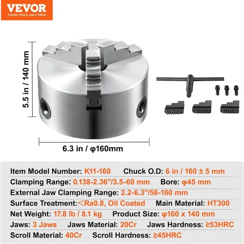 Vista 7 de VEVOR Mandril de torno de 3 mordazas, mandril de torno autocentrante de 6'', rango de sujeción de 0.14-6.3 pulgadas/3.5-160 mm con tornillos