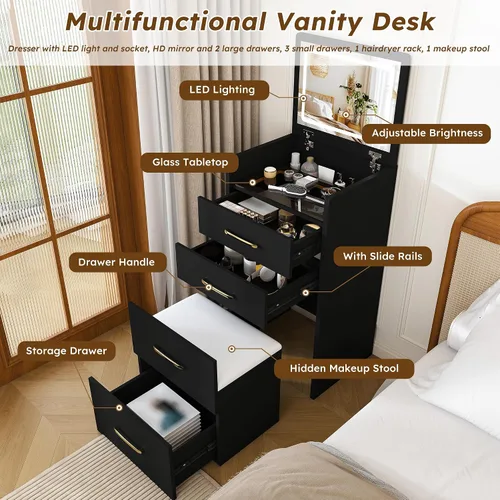 Vista 4 de Runboll 3 in 1 Small Vanity Desk with Open Top Mirror, Small Dressing Table with Visible Glass Desktop, Compact Makeup Vanity with 3 Drawers