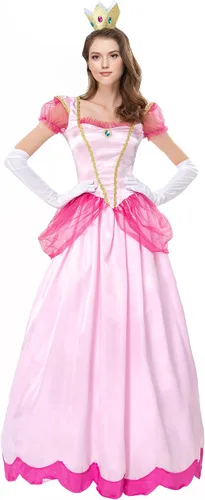 Vista 2 de Disfraz de princesa melocotón para adultos, vestido de Super Bros con corona y guantes