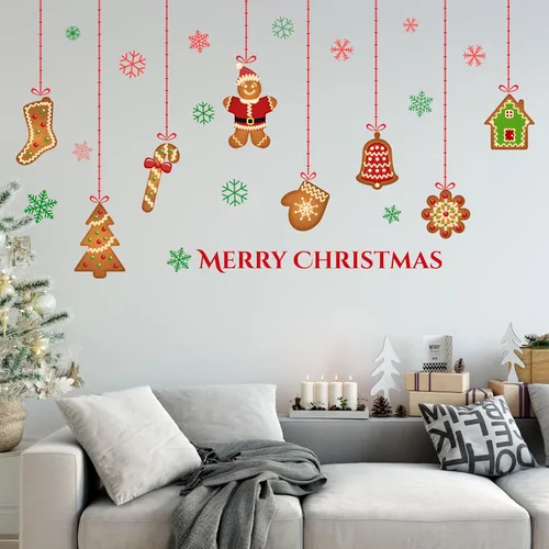 Vista 3 de Calcomanías de pared de Navidad, calcomanías de galletas de jengibre, decoración de pared de Feliz Navidad, calcomanías de pared extraíbles
