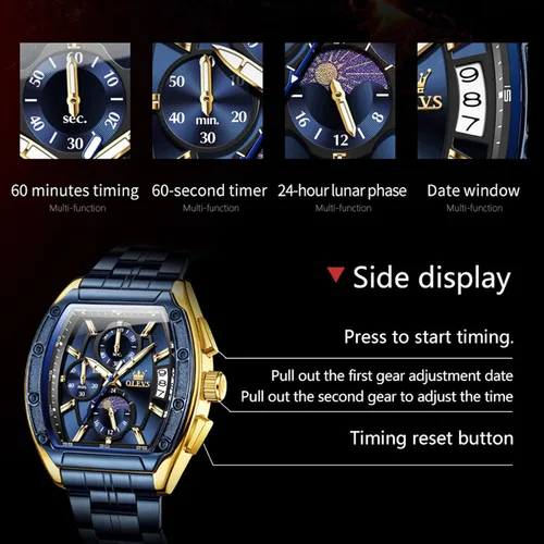 Vista 7 de OLEVS Relojes para Hombres Cronógrafo Impermeable Cara Rectangular Fase Lunar Correa de Acero Inoxidable Relojes de Vestir para Hombres Luminoso