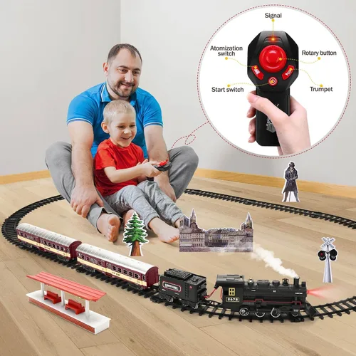 Vista 5 de Conjunto de tren para niños, locomotora con control remoto bajo el árbol de Navidad, tren eléctrico de juguete con vagones y vías largas, regalo