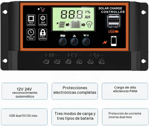 Vista 4 de Controlador de carga solar 60A, 12V/24V, pantalla LCD, parámetro ajustable, ajuste del temporizador, USB, regulador de carga automática (negro)