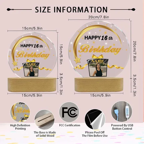 Vista 3 de Regalos de cumpleaños personalizados, lámpara de luz nocturna LED acrílica, placa de bola de cristal, nombre de foto personalizado, regalos