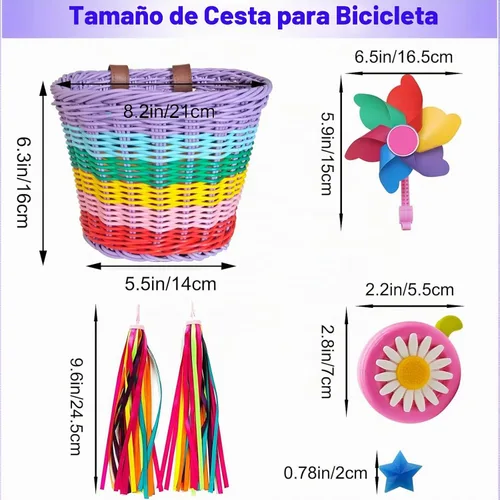 Vista 5 de Cesta de bicicleta para niñas, cesta de bicicleta ajustable para manillar delantero con serpentinas de bicicleta, juego de campana/molino de viento