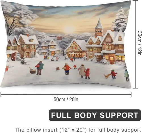 Vista 2 de Funda de almohada con escena de pueblo navideño con niños, fundas de almohada de 12 x 20 pulgadas, almohadas decorativas de Navidad para sofá, funda