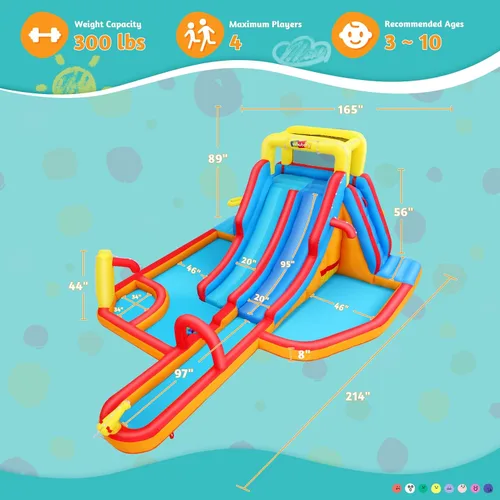 Vista 6 de AKEYDIY Tobogán acuático inflable de doble carril, tobogán acuático de rebote para niños de 3 a 12 años, parque acuático con tobogán de carreras