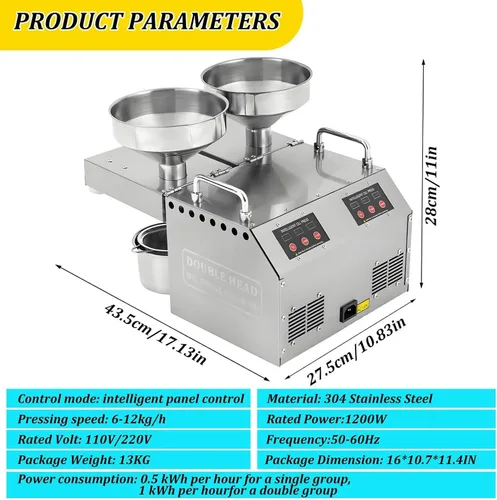 Vista 2 de Máquina de prensa de aceite eléctrica de 1200 W con salidas de aceite dobles, máquina de prensa de aceite de doble cabeza, con panel de control