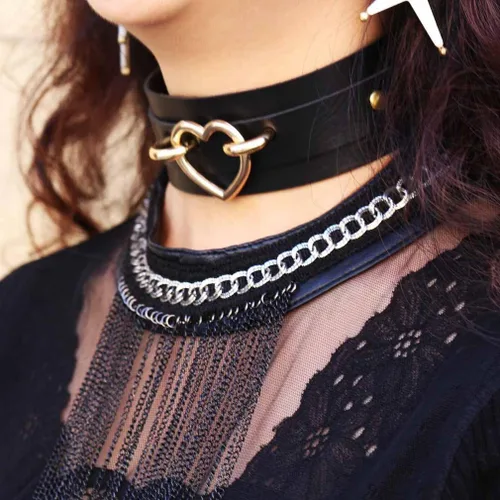 Vista 3 de Gargantilla de cuero para mujer, collar gótico punk rock para niños y niñas, Cuero, Sin gemas.