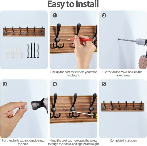 Vista 7 de Perchero de Pared de Montaje en Pared, Perchero de Pared de Madera Resistente para Pared, 6 Ganchos Triples para Colgar Abrigos, Chaqueta, Sombrero
