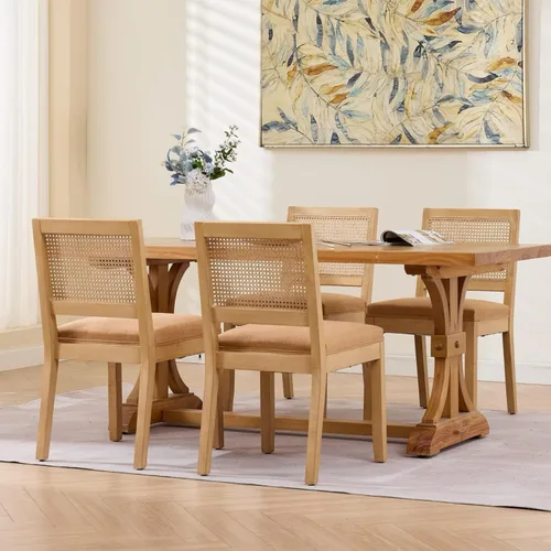 Vista 4 de French Country Dining Chairs Set of 2, Linen Upholstered Cane Back, Amber Soft linen upholstered seat with thick foam padding provides comfortable