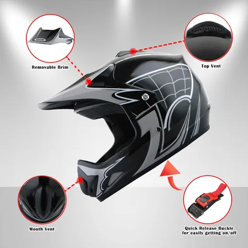 Vista 4 de WOW Casco de motocross BMX MX ATV para niños y jóvenes, casco Dianosour Dragon + gafas + guante marciano juvenil: paquete HJOY MG